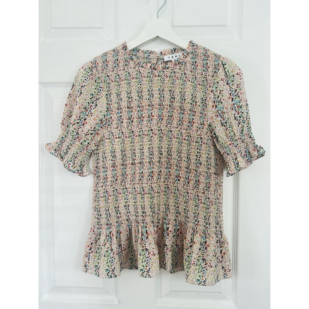 THML Smocked Peplum Top Size XS Floral Confetti Print Cottagecore Coquette Cute - Picture 2 of 8